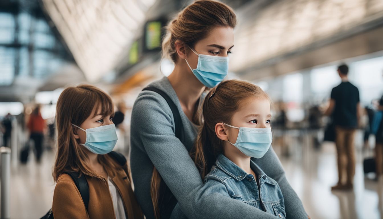 A family wearing face masks at the airport, ready for their flight.
