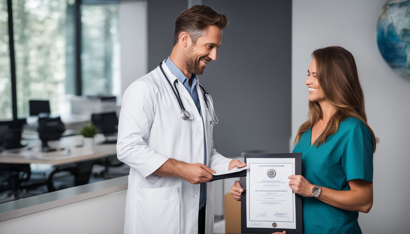 A doctor gives a Fit-to-Work Certificate to a happy employee.