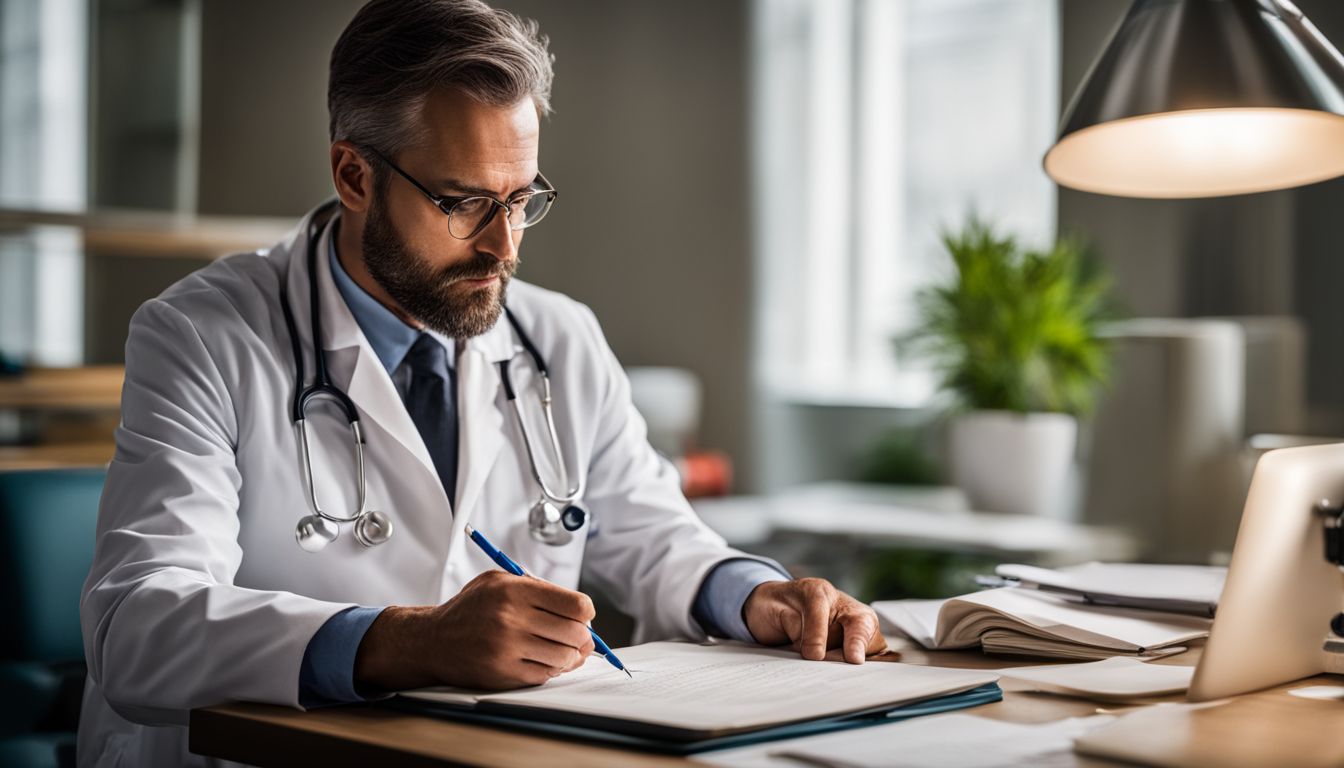 A doctor writing a sick note in a medical office.