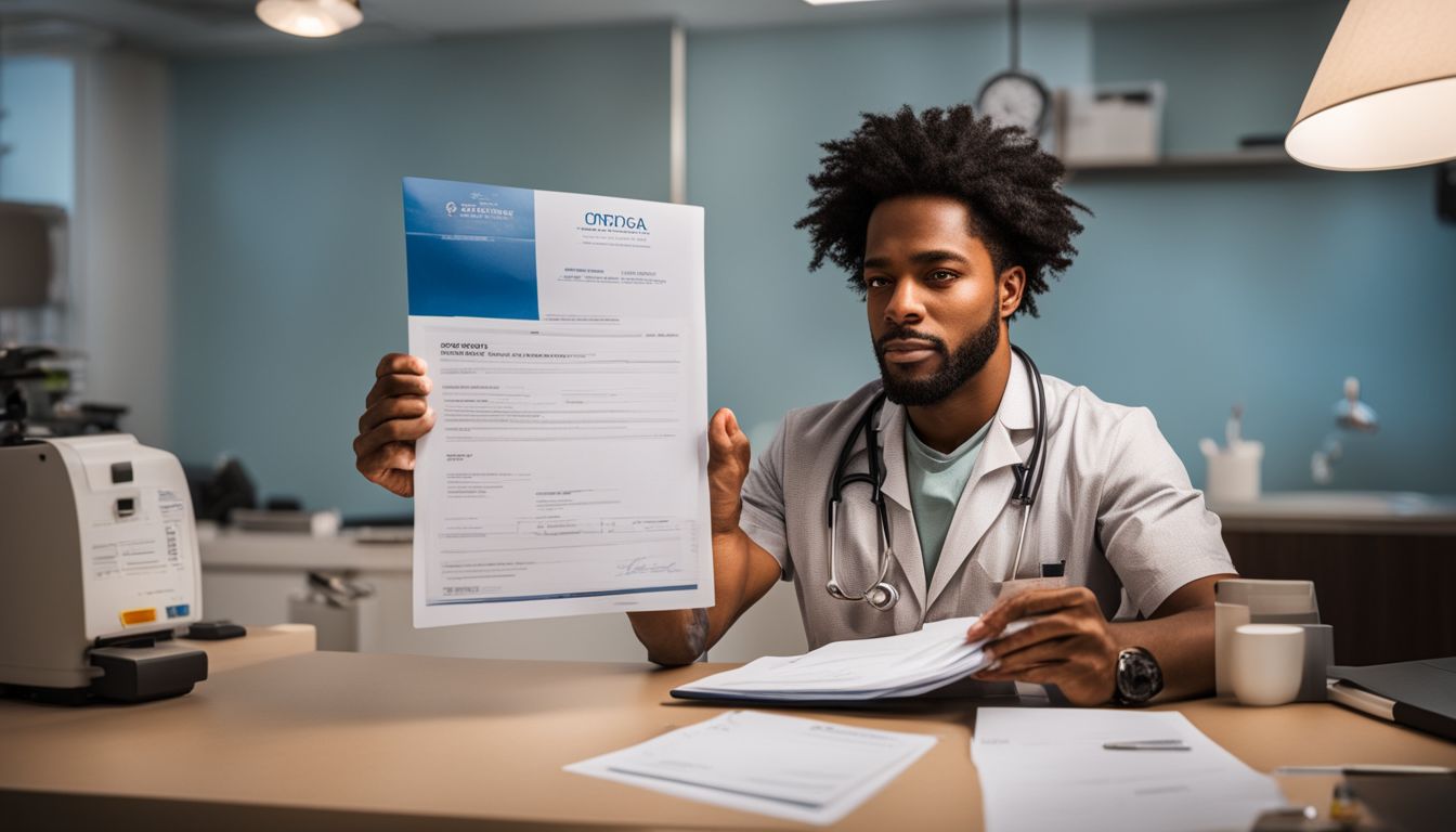 A person at a doctor's office holding medical and travel documents.