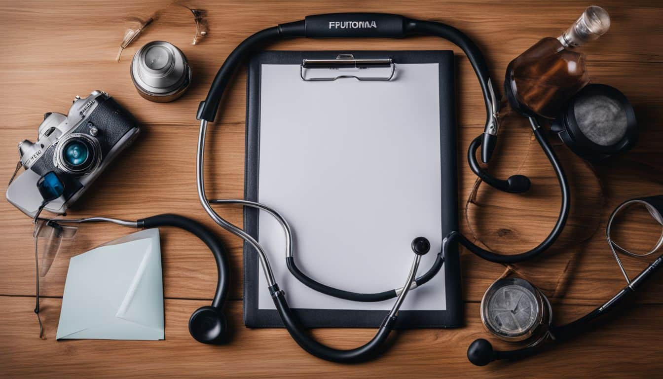 A doctor's stethoscope and medical documents on a desk, surrounded by medical equipment.