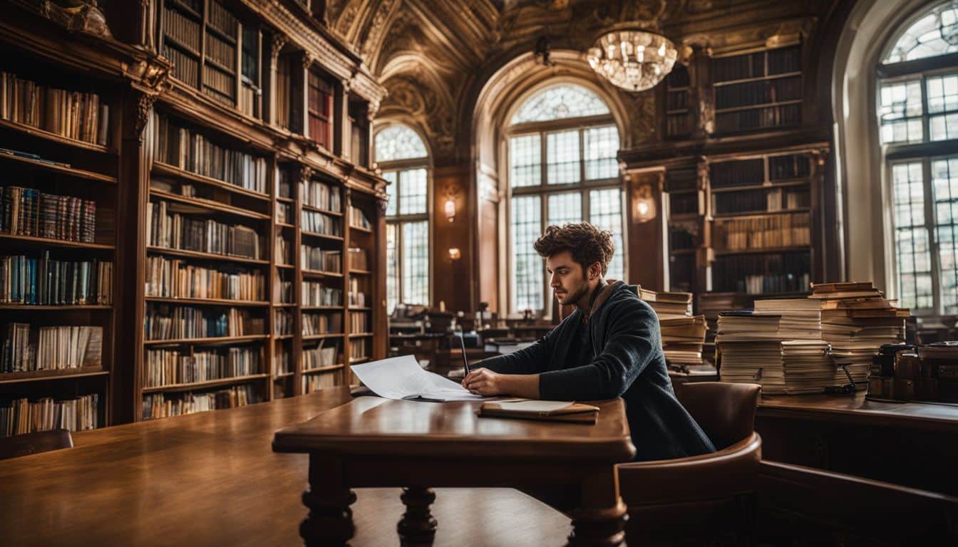 A student holding a university sick note studying in a library.