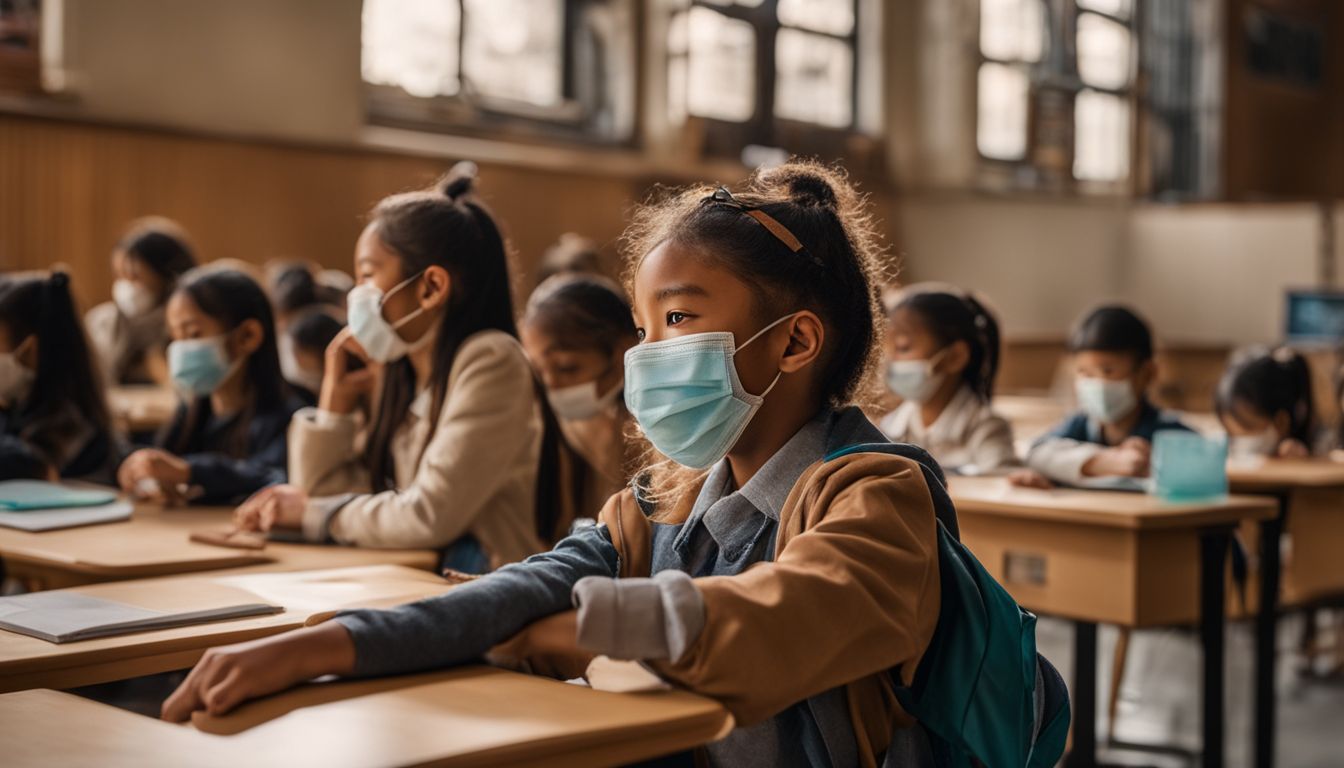 School children in face masks sanitizing hands in a bustling school environment.