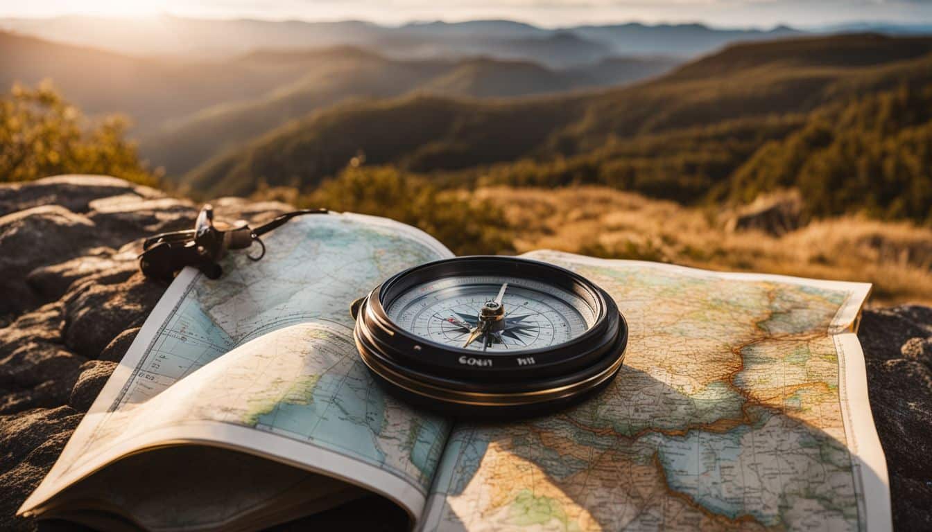A worn map and compass on a rocky landscape.