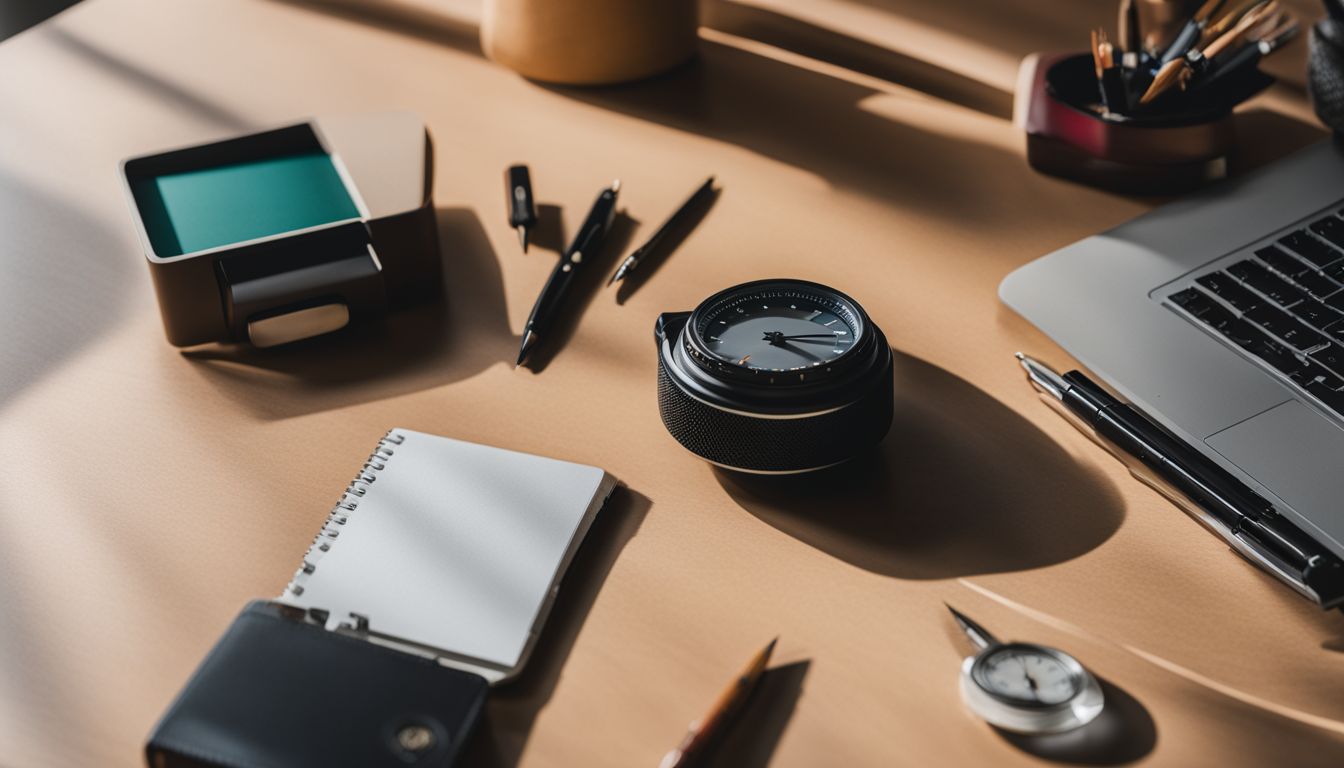 A tidy desk with office supplies and a clock in a bustling atmosphere.