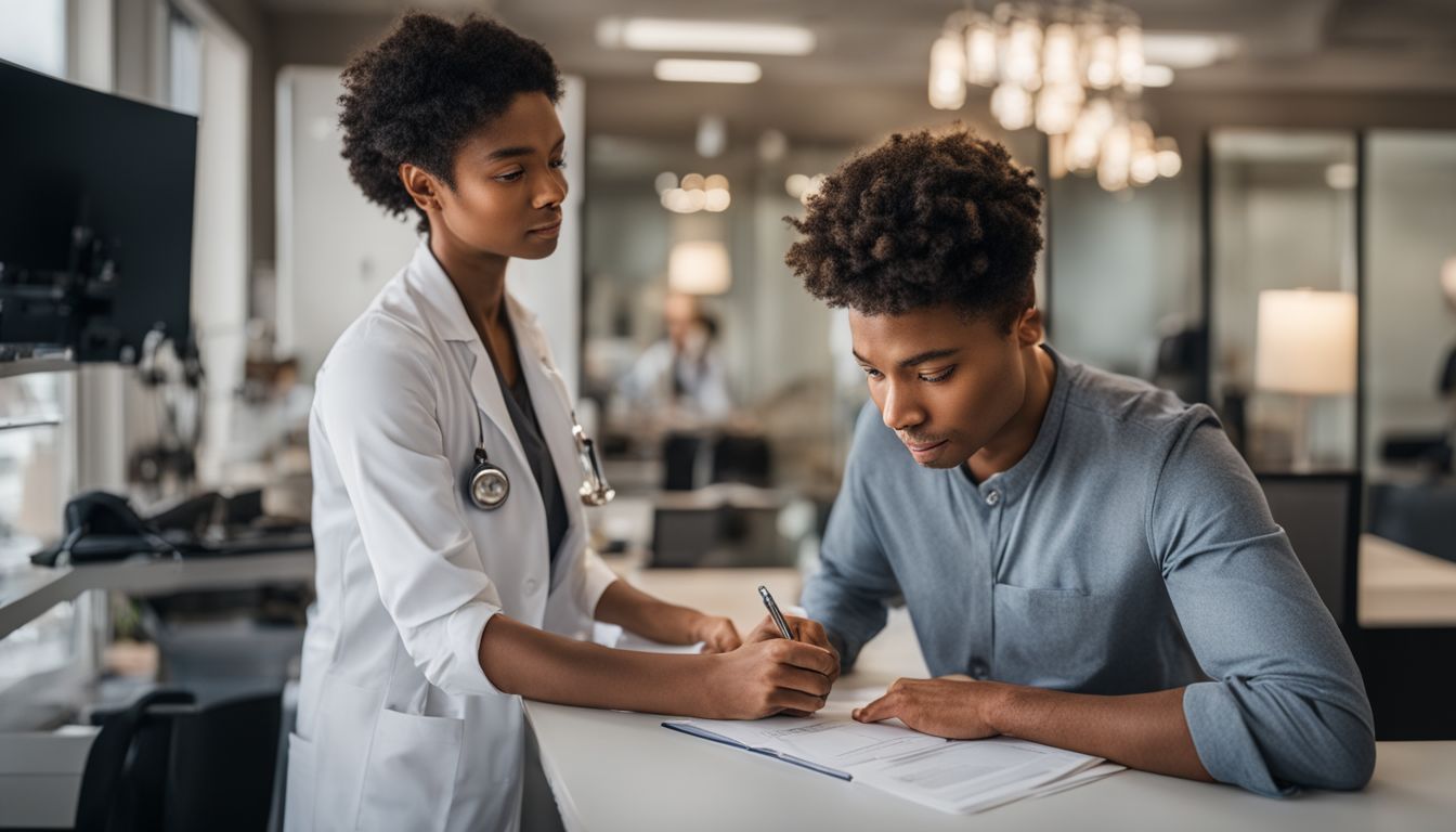 A person receiving a sick note in a doctor's office. A person receiving a sick note in a doctor's office.