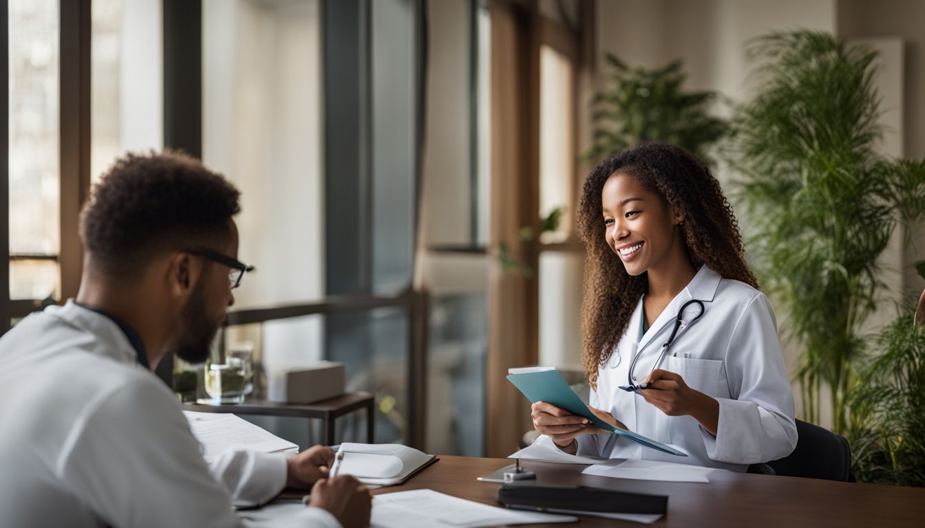 A GP and patient discuss a referral letter in a medical office.