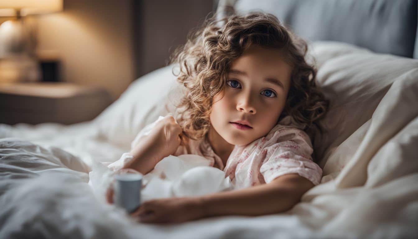 A child with a fever lying in bed surrounded by medicine.