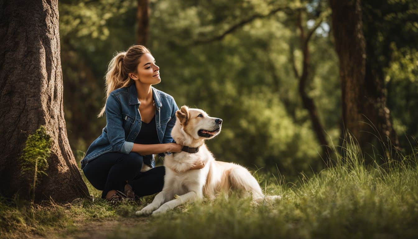 A person with anxiety finds peace with their service dog in nature.