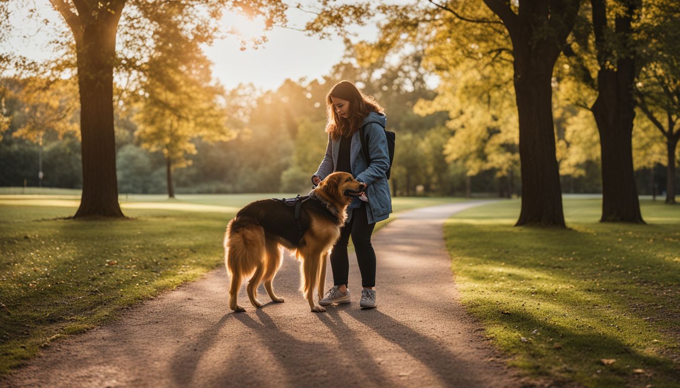 A person receiving psychiatric service dog training in a park.