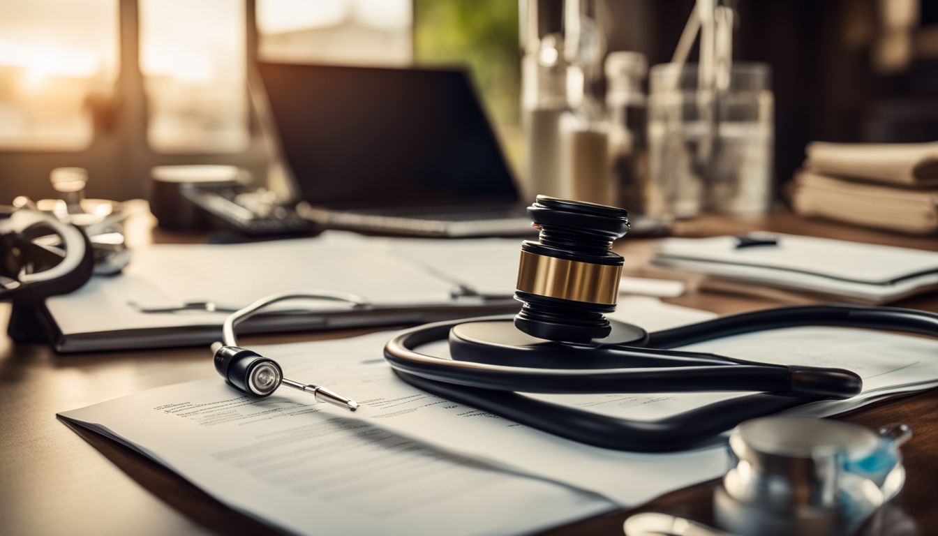 A doctor's stethoscope and medical documents on a busy desk.