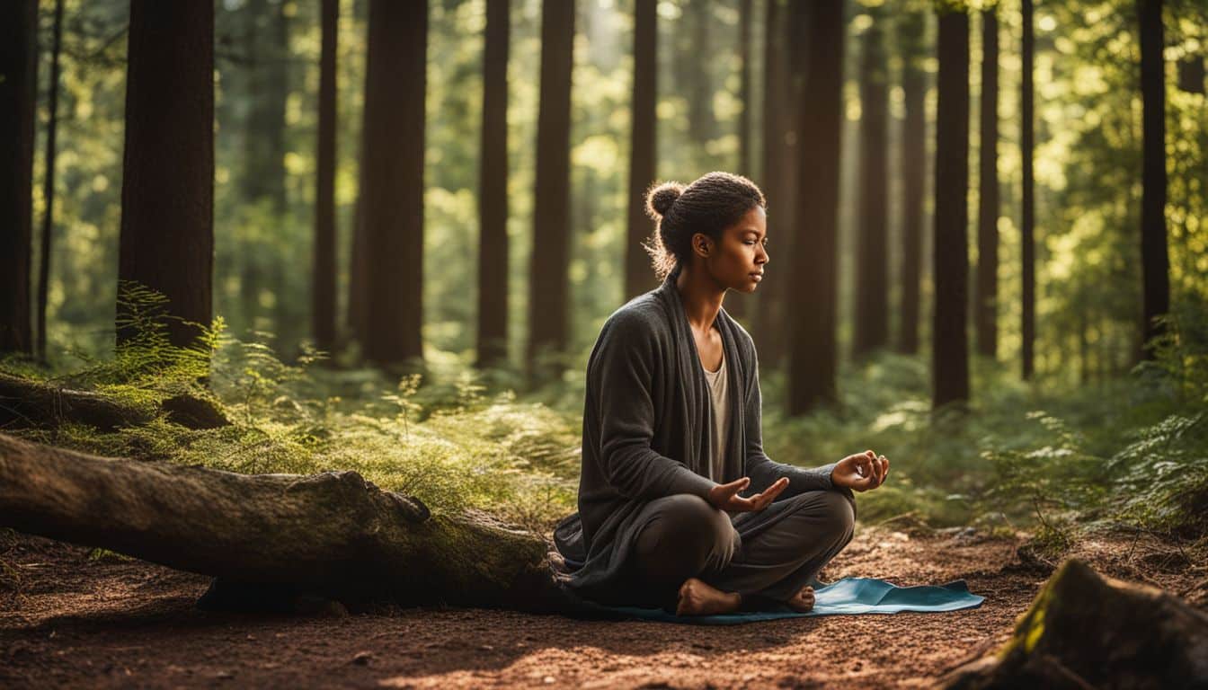 A person meditates in a tranquil forest clearing surrounded by tall trees.