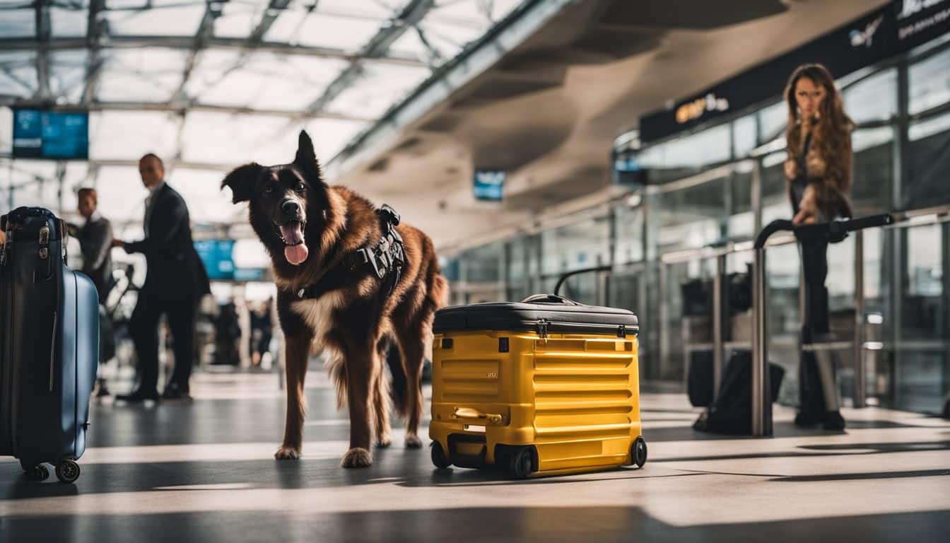 A Psychiatric Service Dog prepares to travel at the bustling airport.