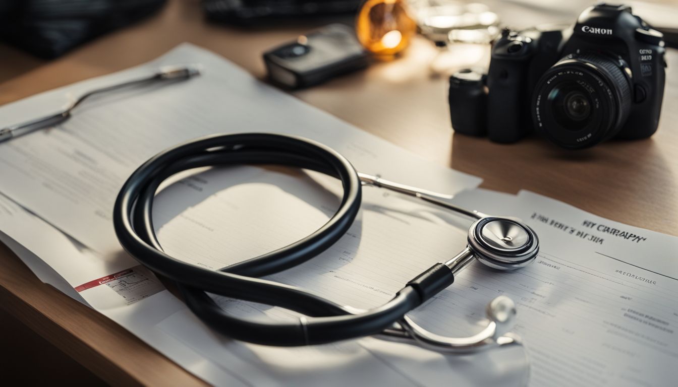 A stethoscope and Fit to Fly Certificate on a desk in a medical setting.