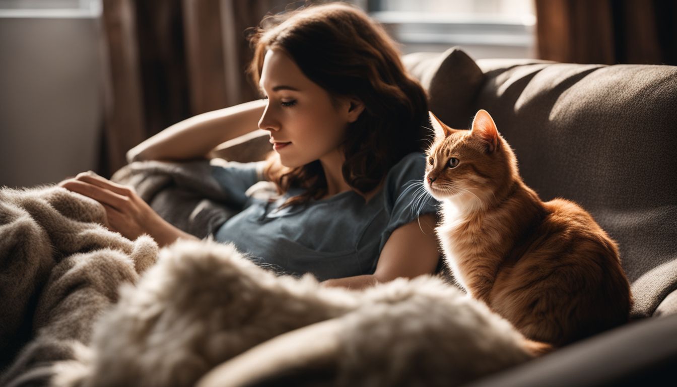 A person relaxing on a sofa with a comforting cat.