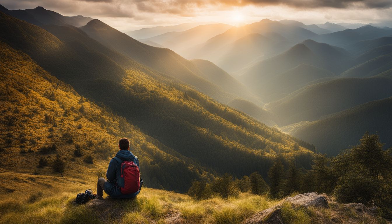 A lone traveler sitting on a peaceful mountainside surrounded by nature.