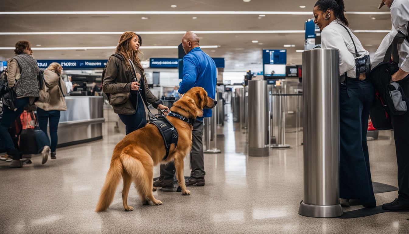 A passenger with a Psychiatric Service Dog navigating through airport security.