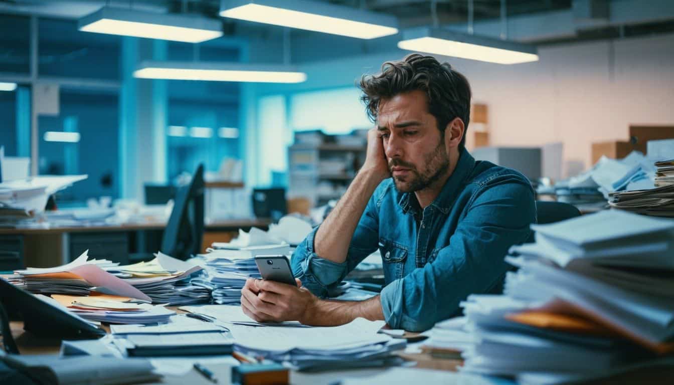 A tired man surrounded by clutter and papers at his desk.