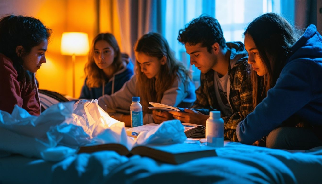 A group of university students studying in a dorm, one unwell.