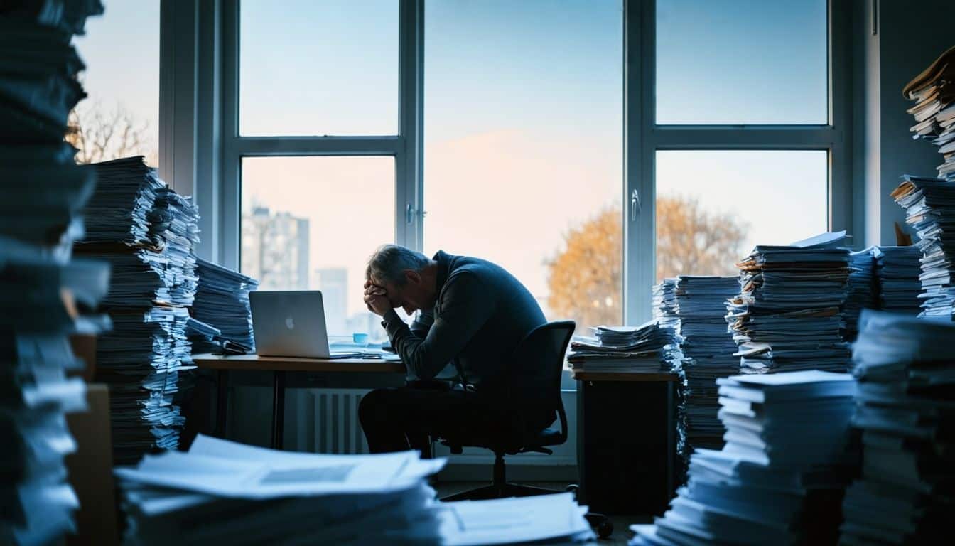 A tired man sits in a cluttered office, surrounded by paperwork.