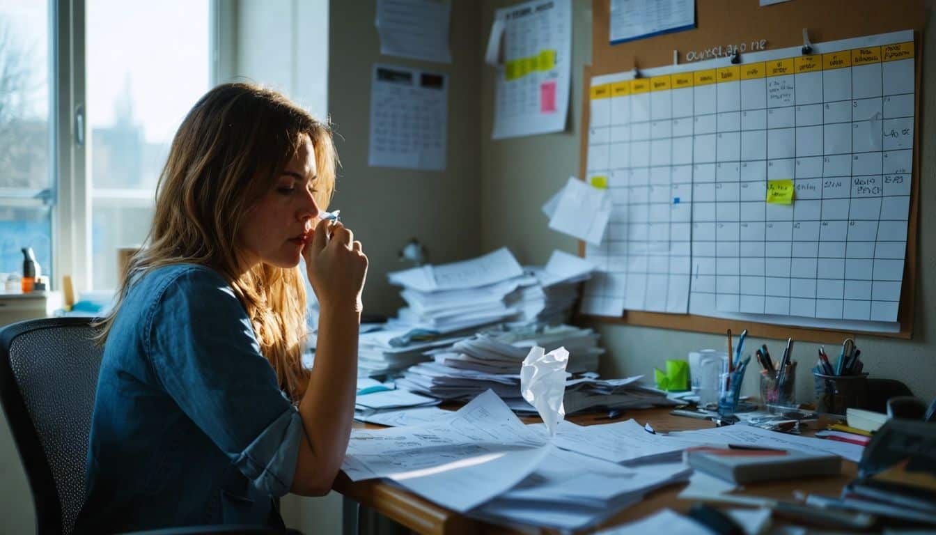 A female employee at her desk appears unwell and is planning maternity leave.