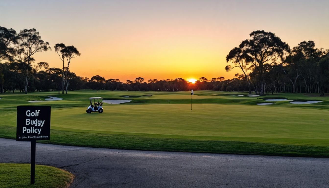 A deserted golf course at sunset with a lone golf buggy.