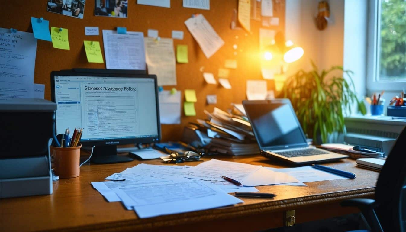 A cluttered office desk with a sickness absence policy pinned.