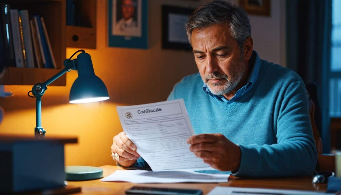 Middle-aged man comparing general and sports medical certificates at cluttered desk.