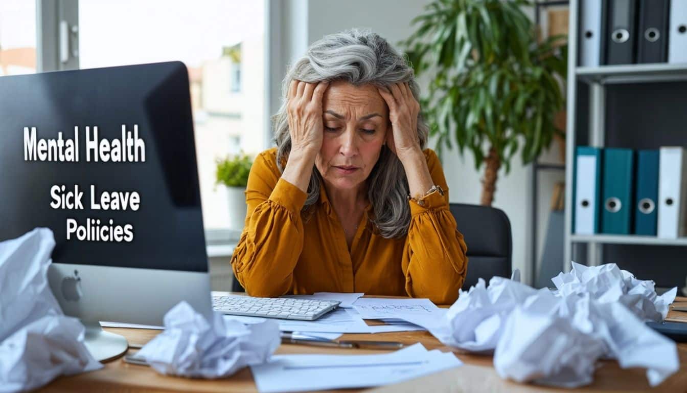 Middle-aged woman overwhelmed at work, researching UK mental health sick leave policies.