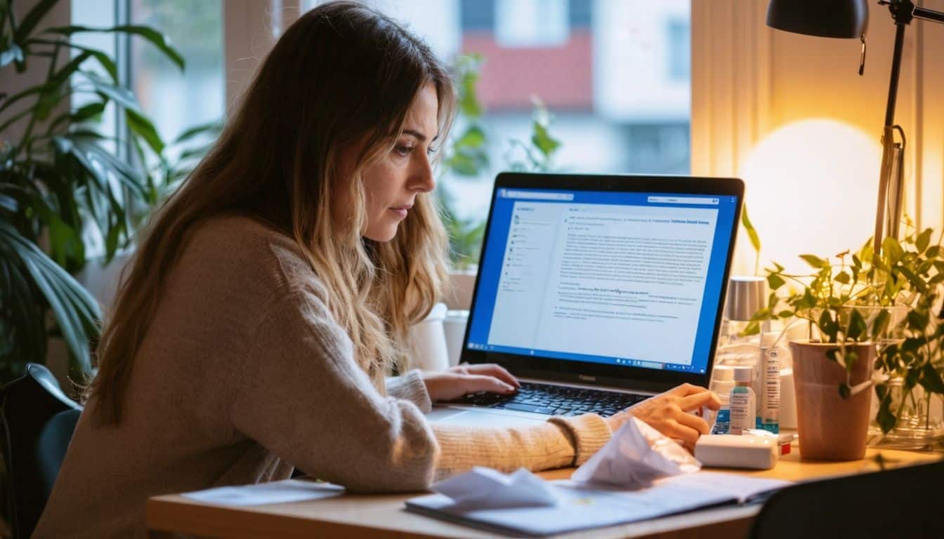 A woman in her 30s working from home with cluttered desk.