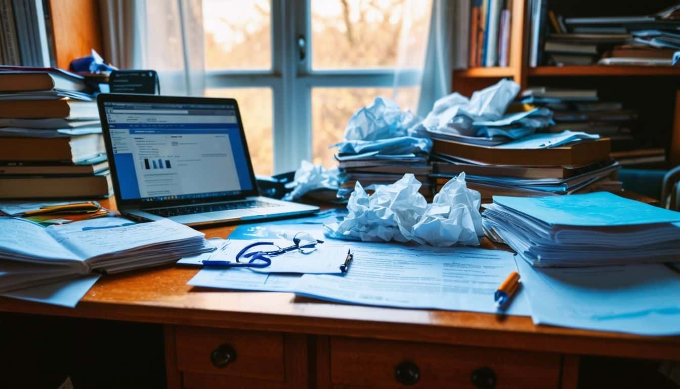 A cluttered university desk with medical literature and a sick student.