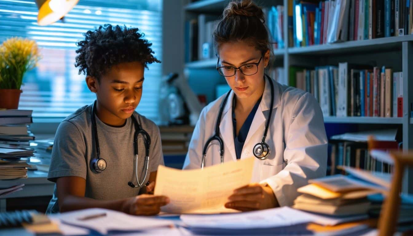 A doctor reviewing an athlete's medical records in a cluttered office.