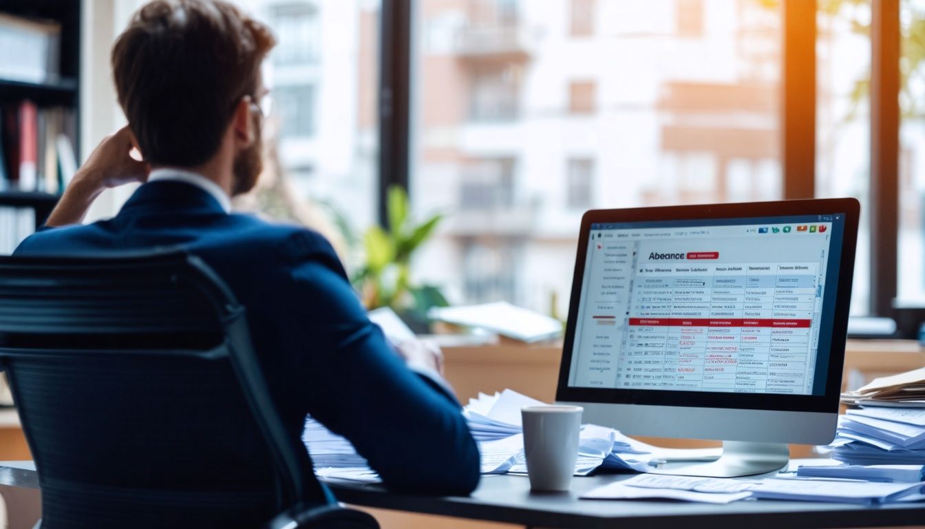 A messy desk with stressed employee and frequent absences flagged.