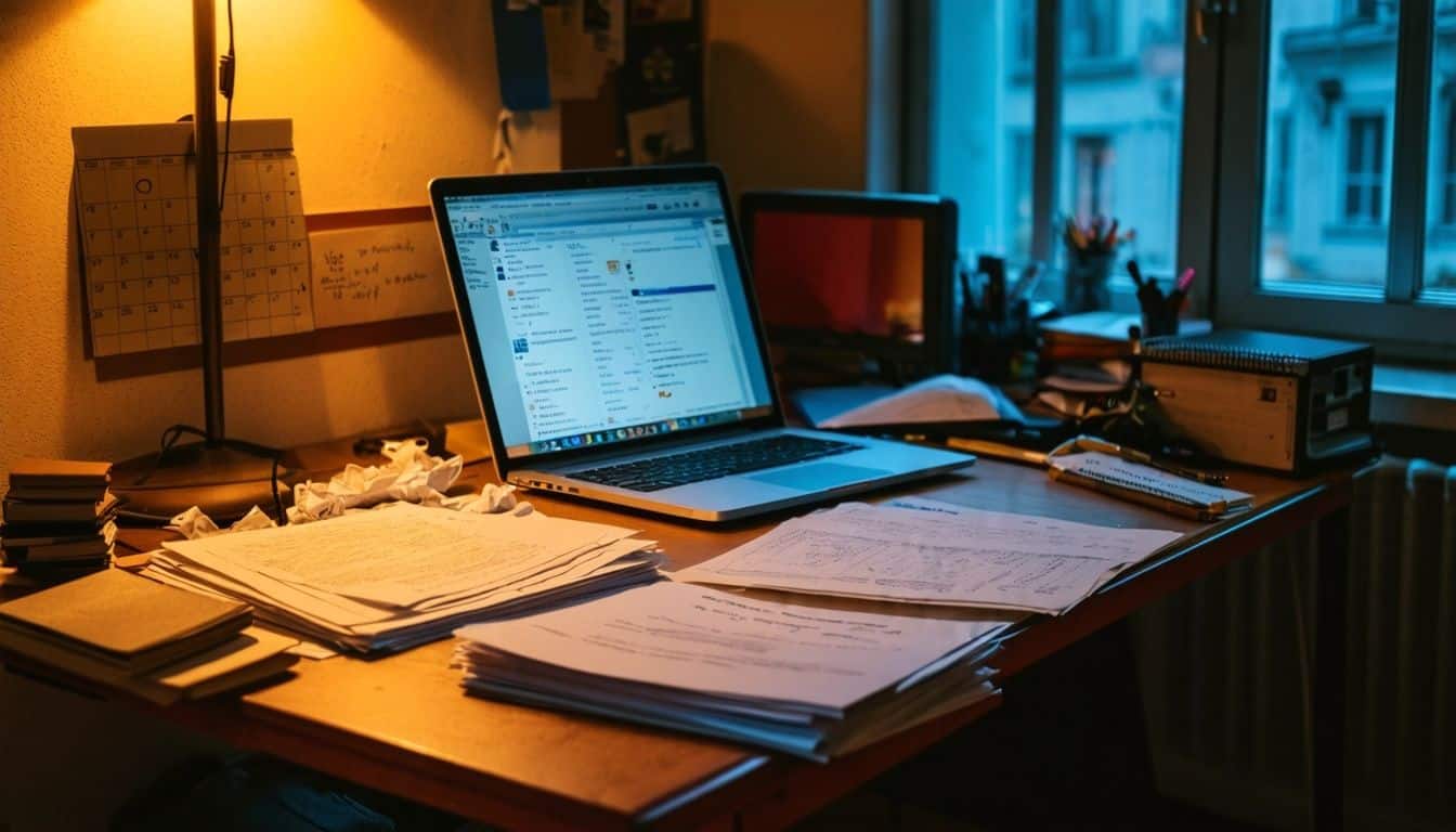 A messy student dorm desk with unfinished assignment and approaching deadline.