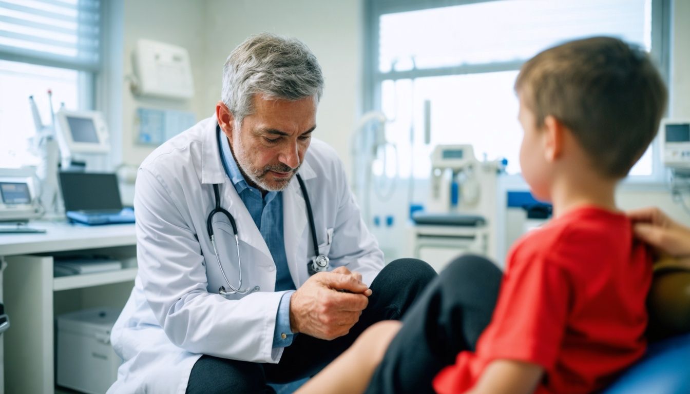 A sports medicine specialist examines a young athlete's knee injury.