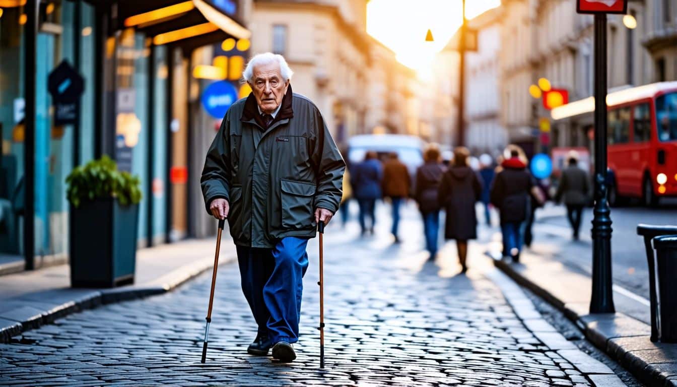 Elderly man with walking difficulties using a stick on city street.