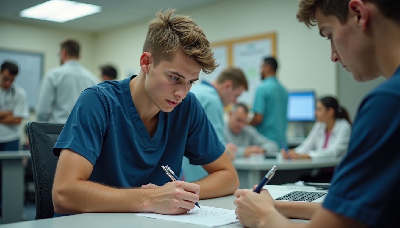 A teenage athlete sits in a busy doctor's office, filling out forms.