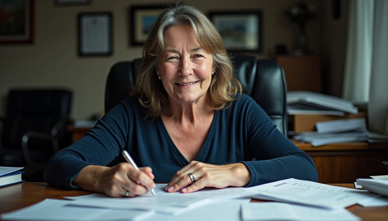 A woman completing paperwork for the Blue Badge scheme looks relieved.