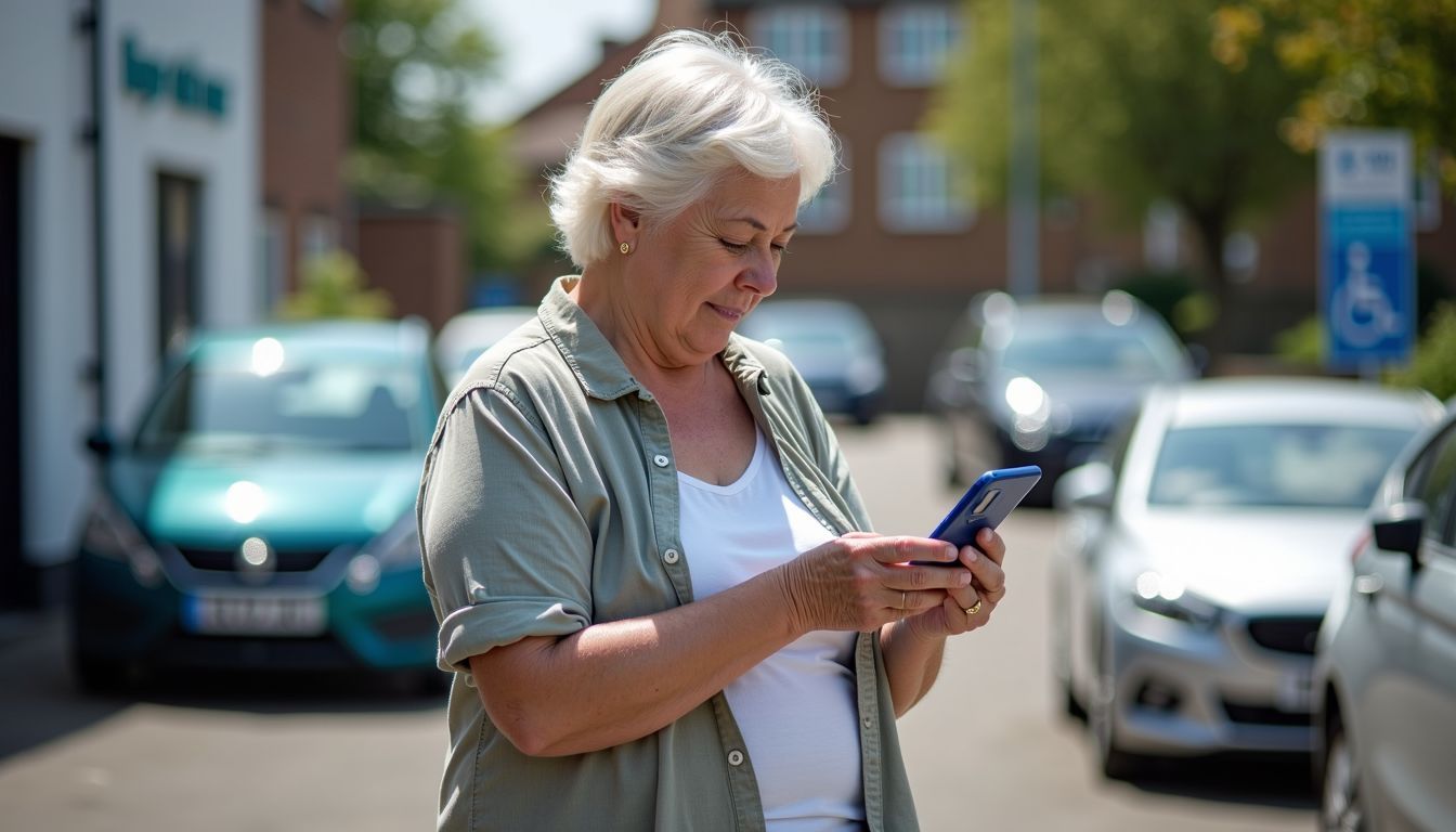 An elderly woman checking the expiration date on her Blue Badge.