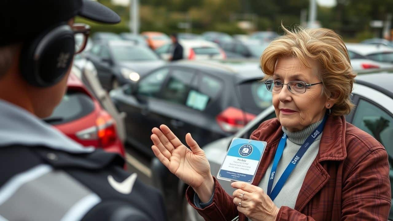 A woman in her 60s displays her Blue Badge to a parking official.