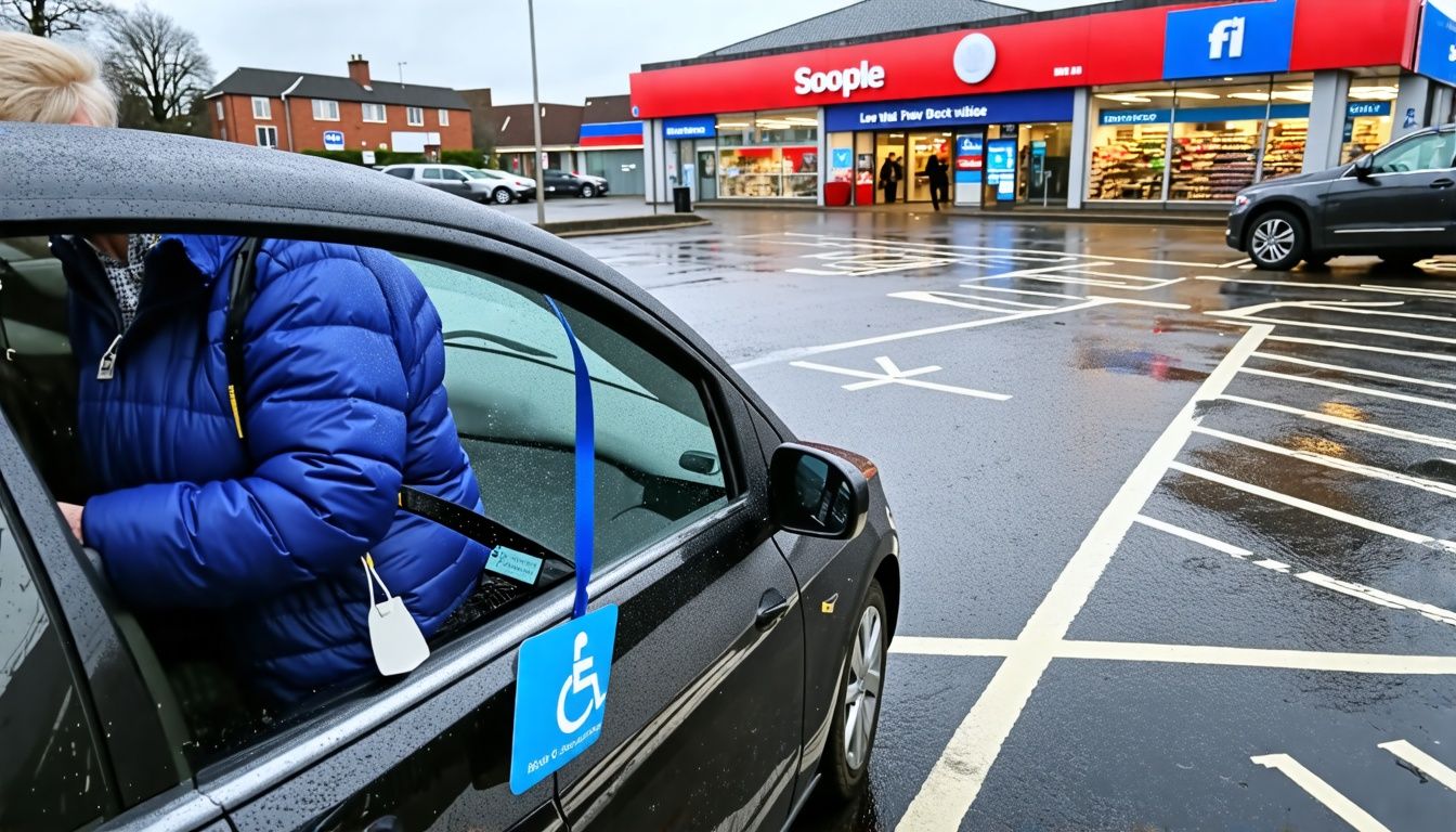 Elderly woman with Blue Badge parked in disabled space outside supermarket.