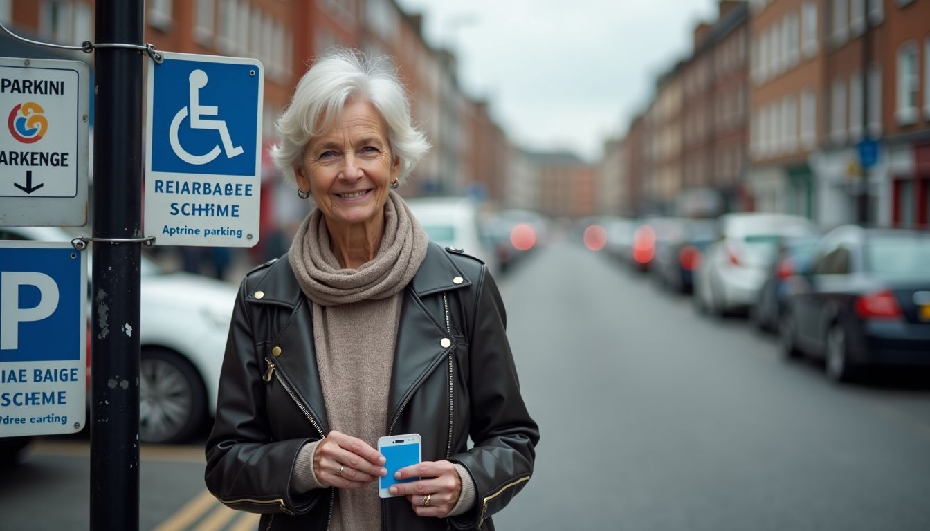 A woman in her 60s stands beside her car in a disabled parking space, holding a blue badge.