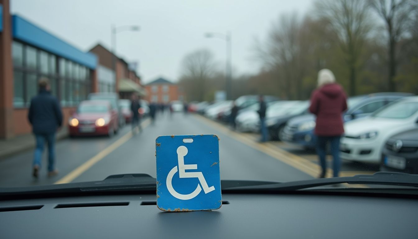 A worn blue disabled parking badge placed on a car dashboard.