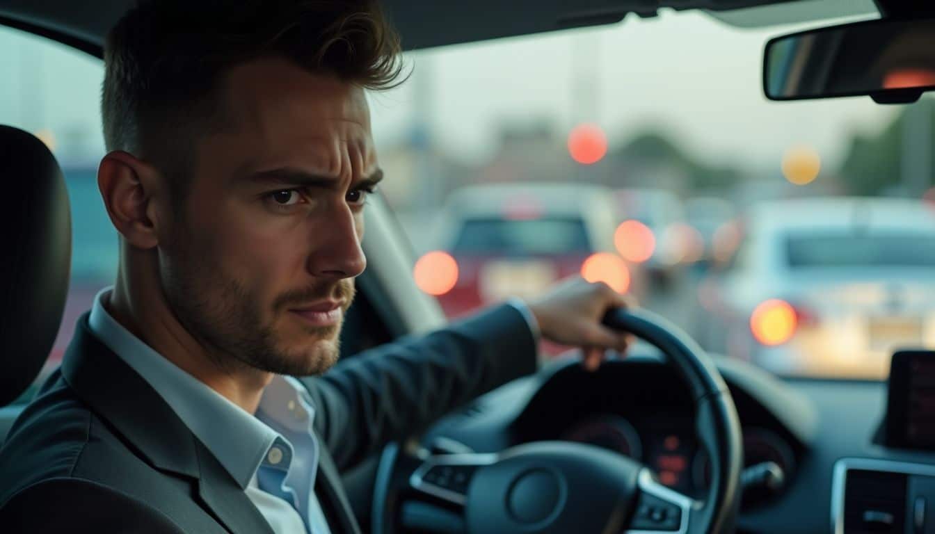 An office worker stuck in rush hour traffic in business attire.