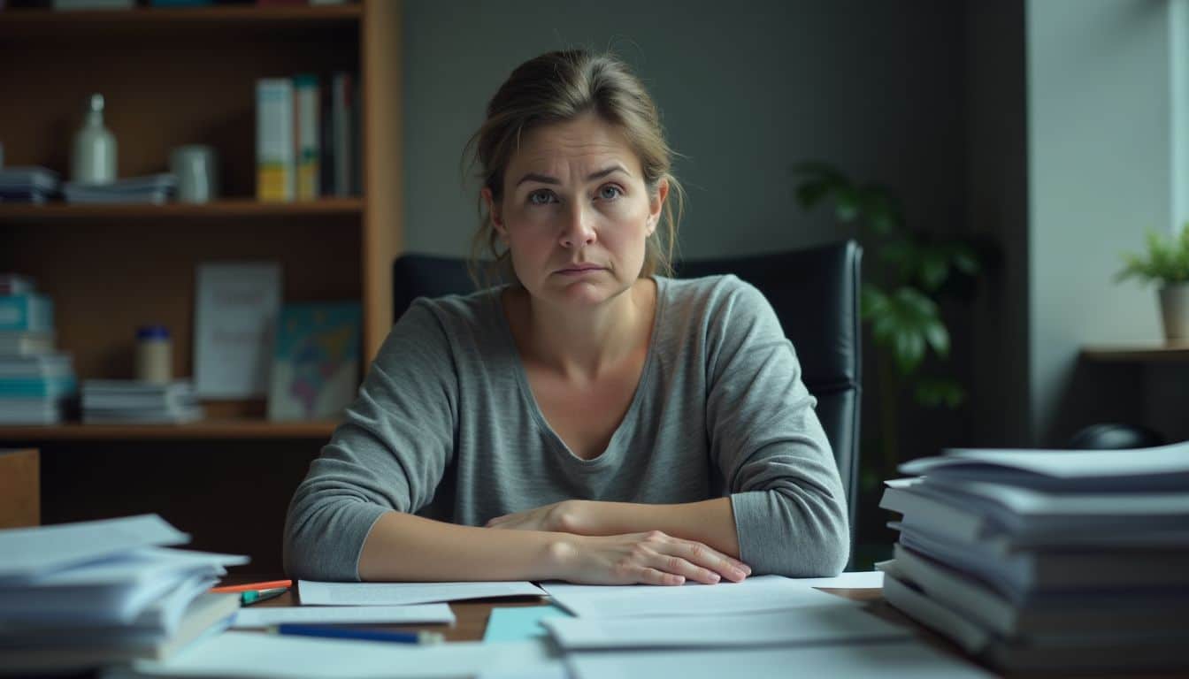 A tired woman sitting at a cluttered desk in a dim office.