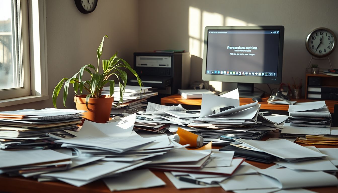 A cluttered office desk with scattered papers, wilting plant, and error message.