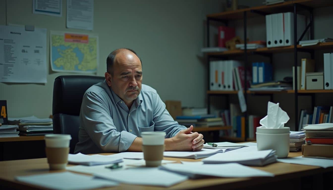 A tired office worker sits at a cluttered desk, surrounded by work.