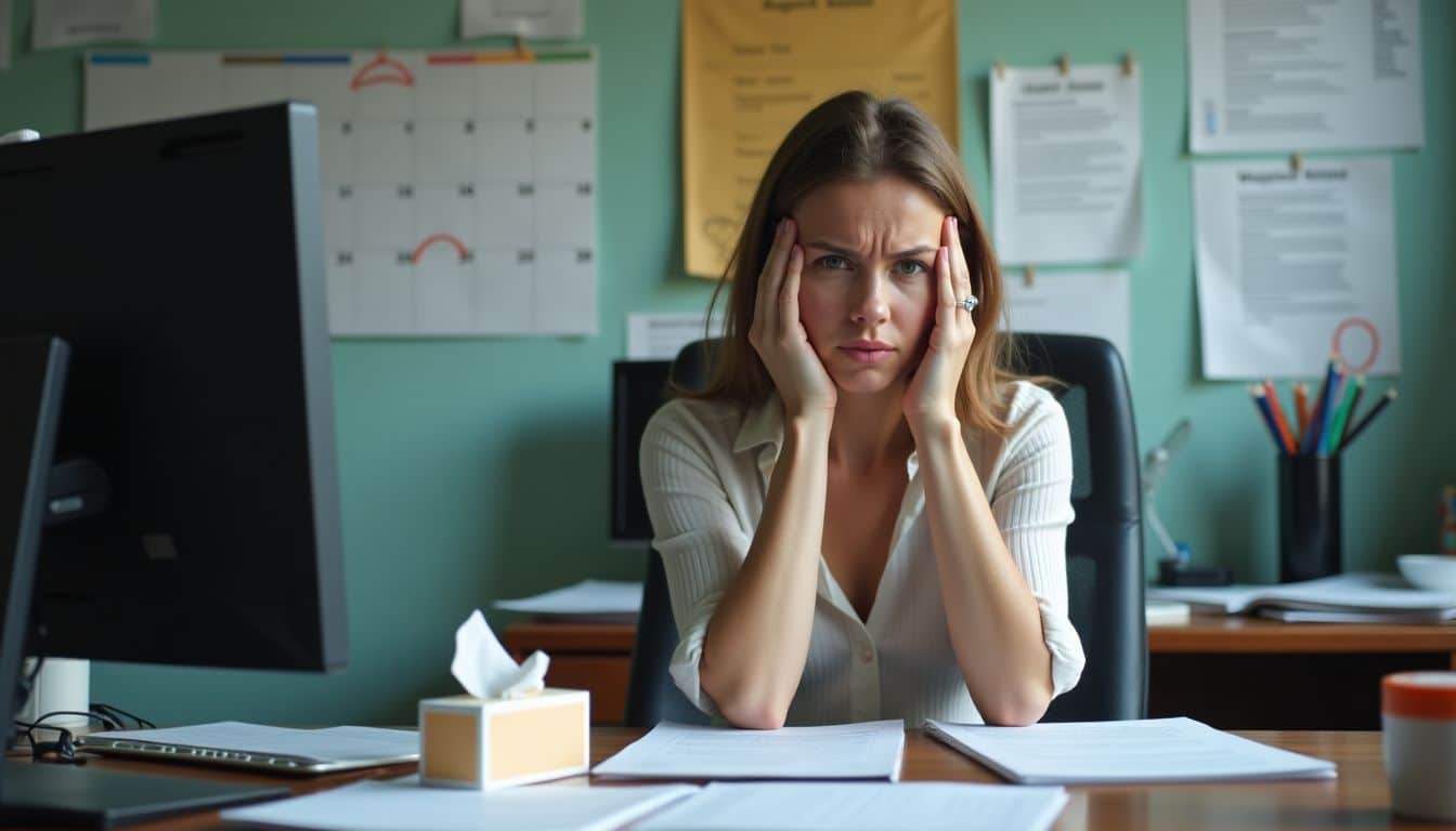 A stressed woman with a messy desk and health issues.