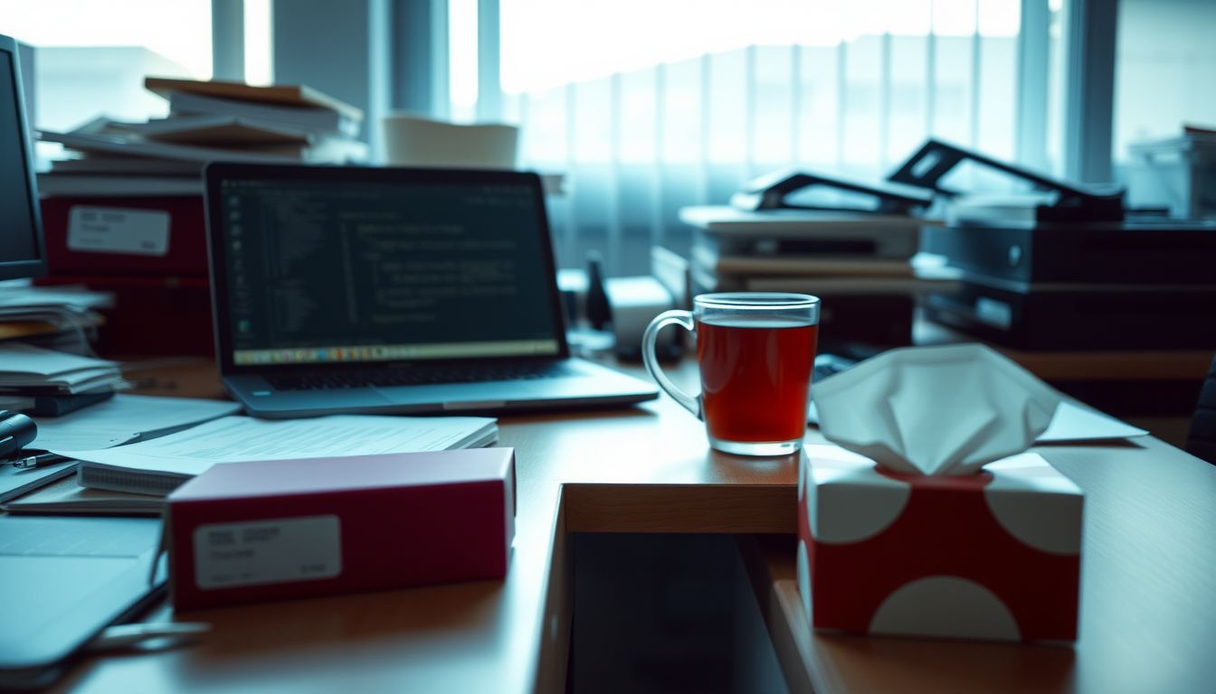 A cluttered office desk with open laptop, tea mug, and tissues.