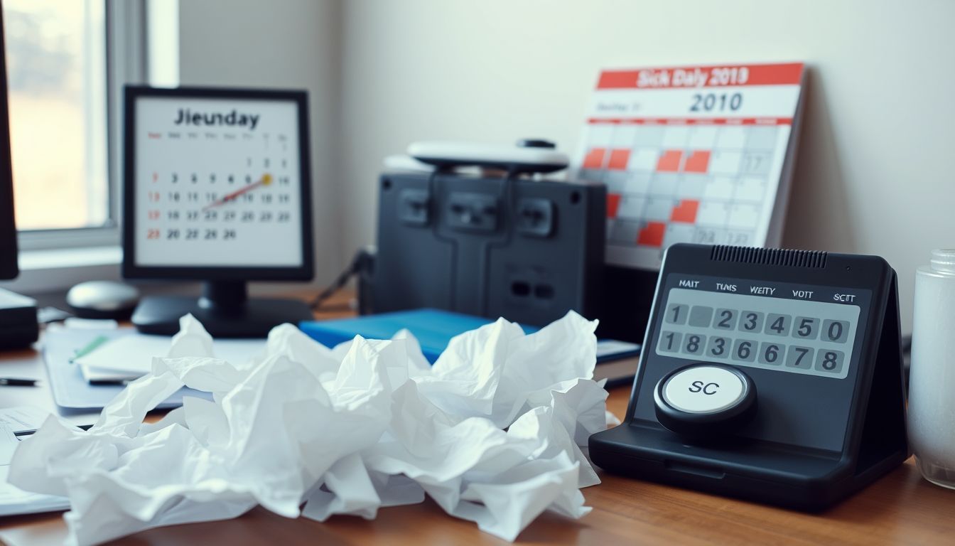 A cluttered desk with crumpled tissues, a thermometer, and a sick day calendar.